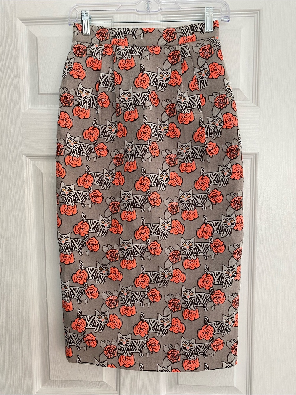 Women’s Floral & Cat Pencil Skirt in Taupe with Coral Roses